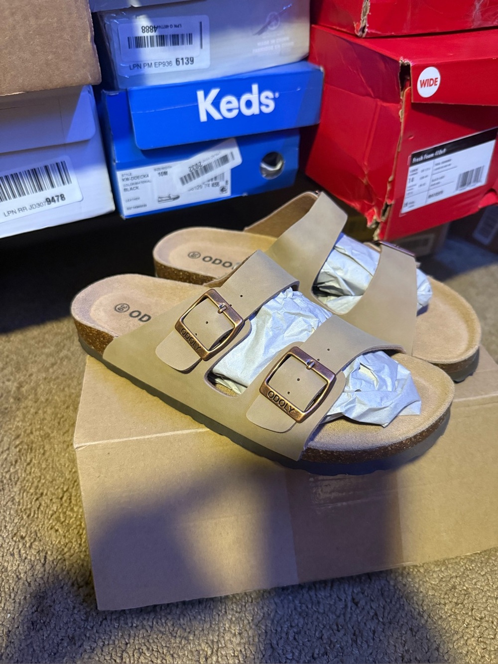 Two-Buckle Slide Sandals in Taupe